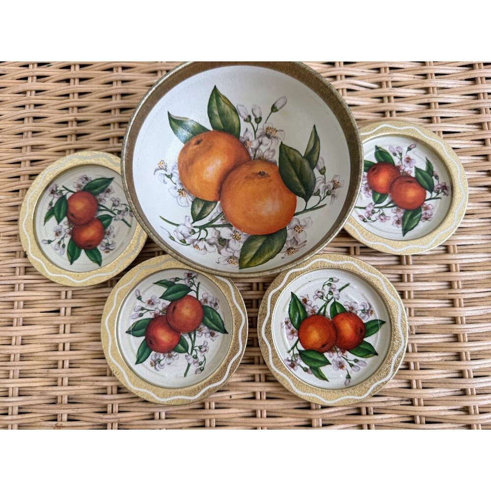 Vintage 50's Metal Nut Bowl And Coaster Set Oranges And Flower Blossoms